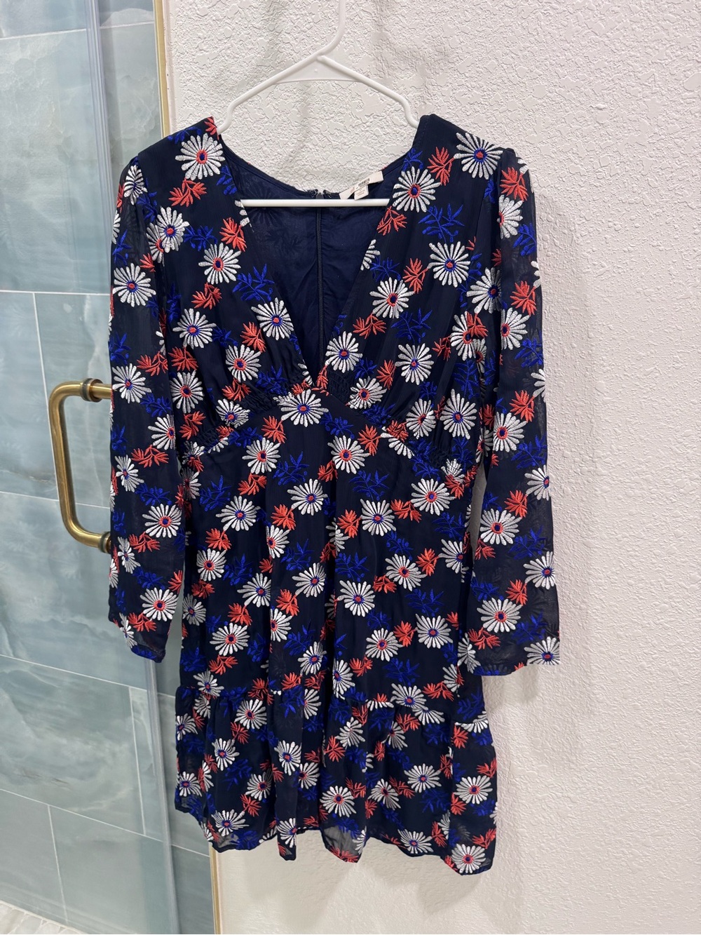 Anthropologie Navy Midi Dress with White & Red Floral Embroidery